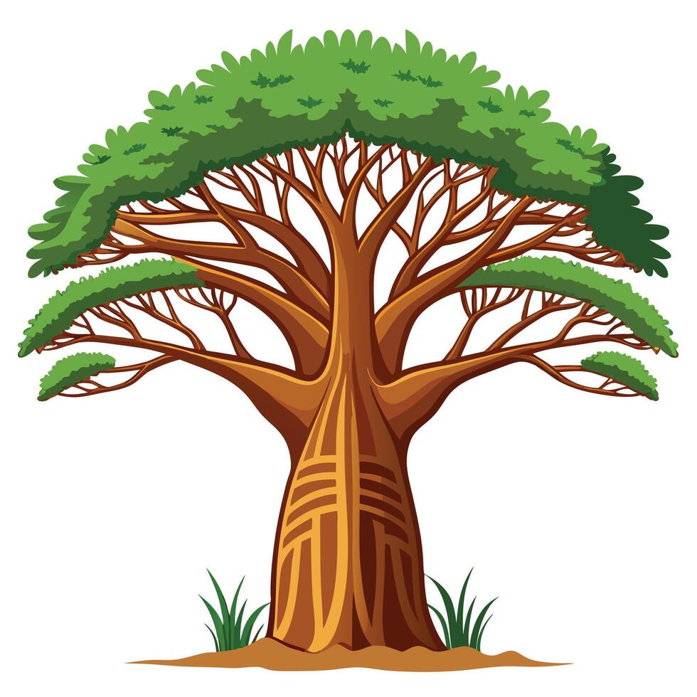 Ancient Baobab Tree with Intricate Leaves and Trunk in a Natural Setting vector