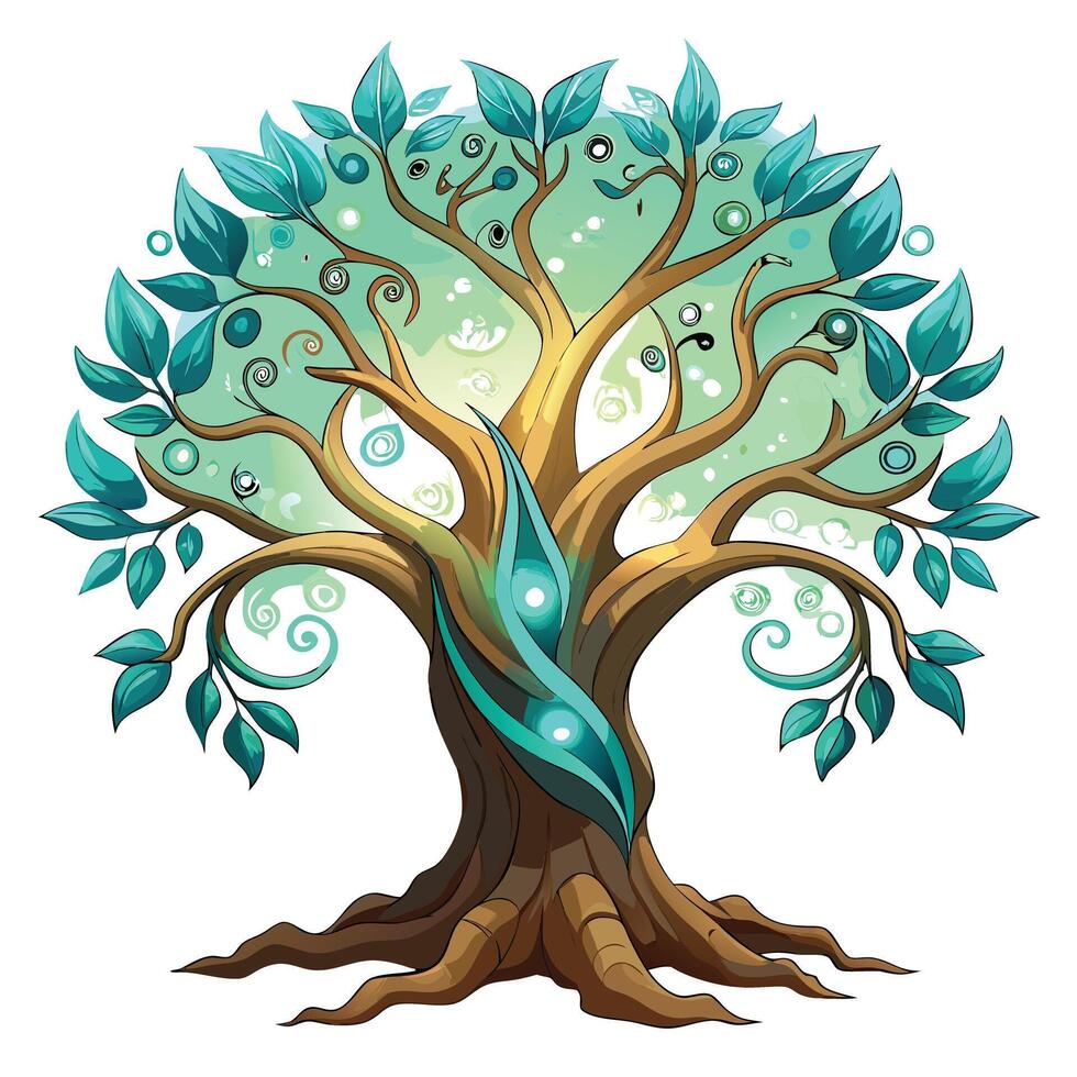 Botanical Ancient Sacred Tree with Green Leaves and Trunk in a Natural Setting vector
