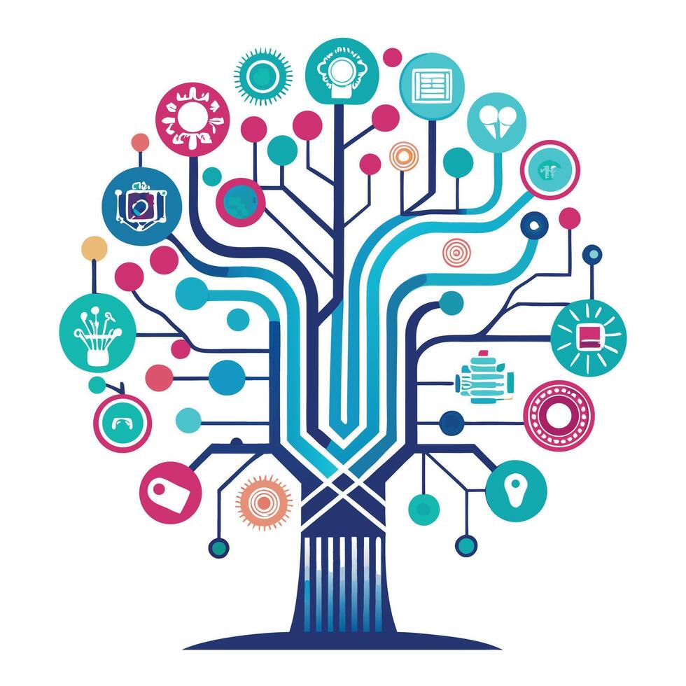 Intricate Artificial Intelligence Tree with Delicate Leaves and Trunk in a Fantasy Setting vector