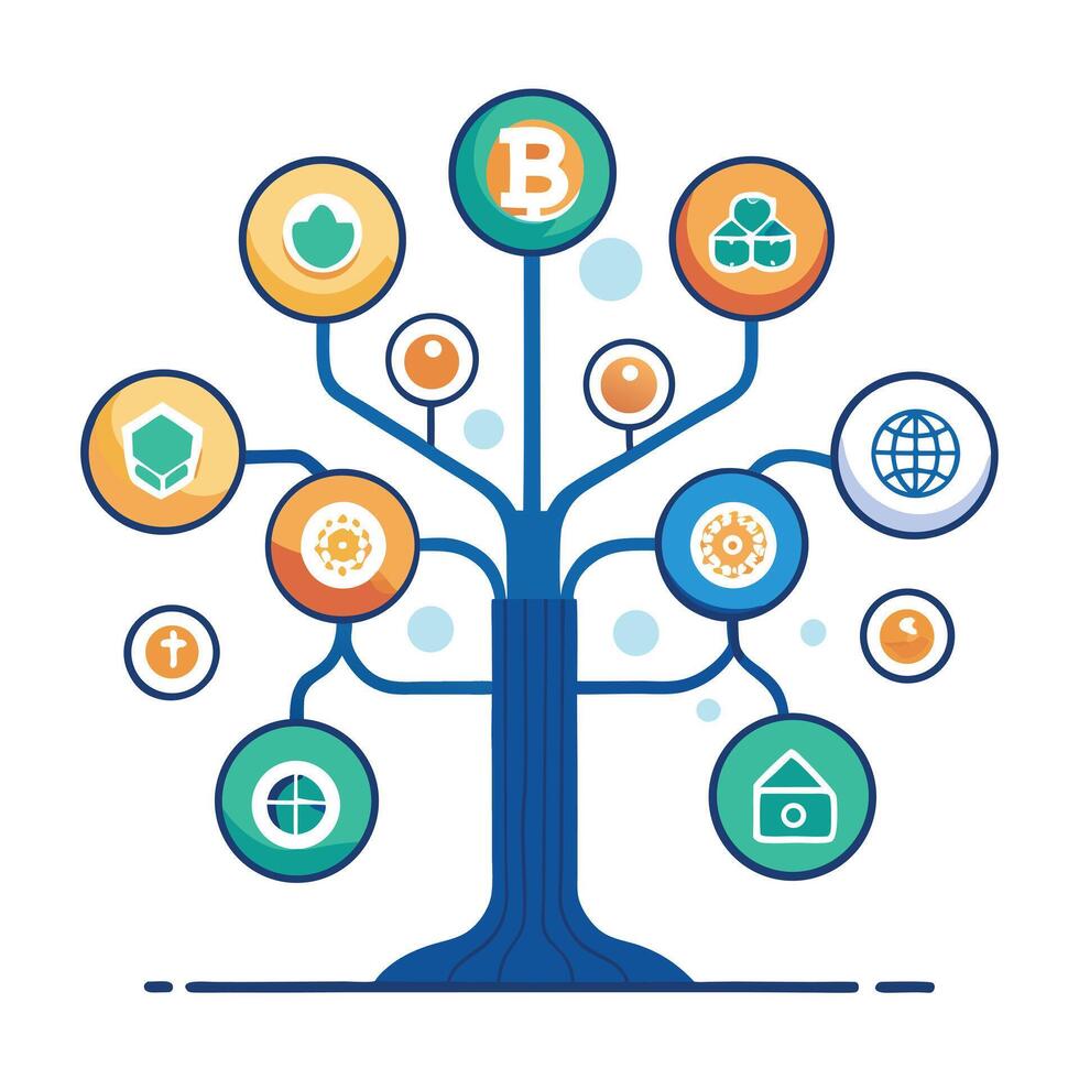 Botanical Blockchain Technology Tree with Green Leaves and Trunk in a Natural Setting vector