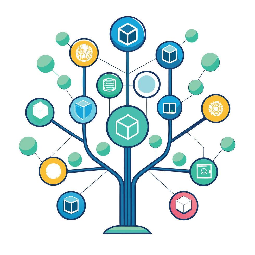 Vibrant Blockchain Technology Tree with Brightly Colored Leaves and Trunk in a High-Tech Setting vector