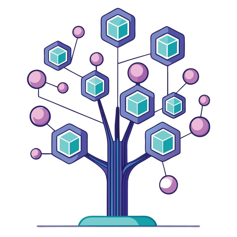 Vibrant Blockchain Tree with Brightly Colored Leaves and Trunk in a High-Tech Setting vector