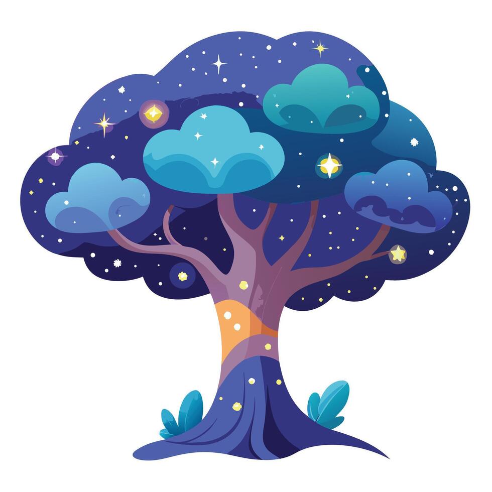 Celestial Tree with Purple Flowers and Green Leaves in a Garden Setting vector
