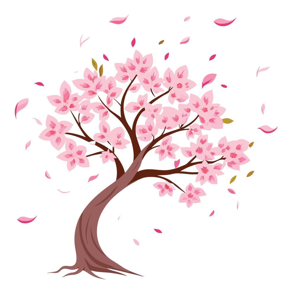 Cherry Blossom Tree in the Wind with Pink Flowers and Green Leaves in a Garden Setting vector