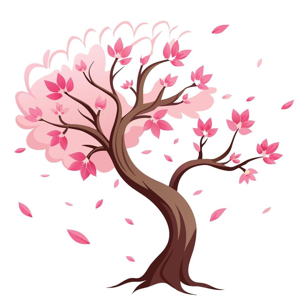 Cherry Blossom Tree in the Wind with Purple Flowers and Green Leaves in a Garden Setting vector