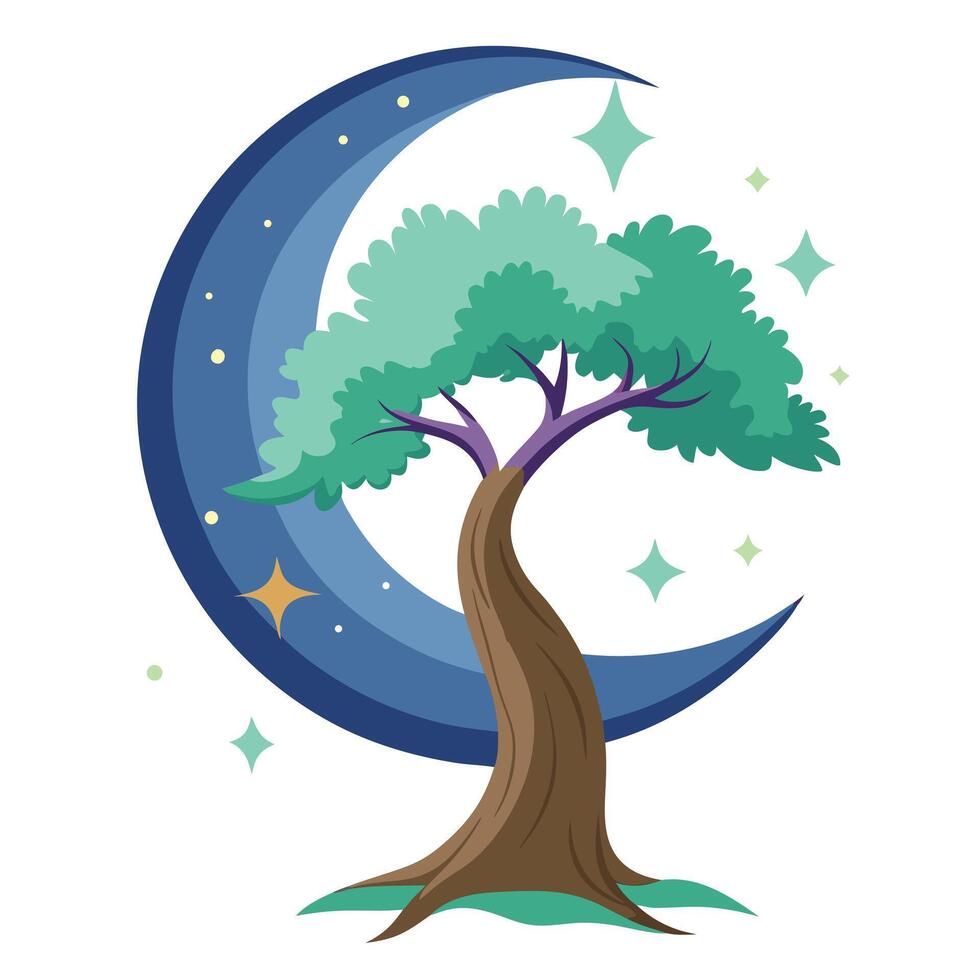 Crescent Moon Tree with Pink Flowers and Green Leaves in a Garden Setting Isolated on a white Background vector