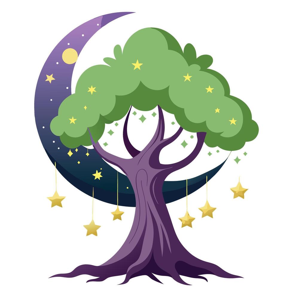 Crescent Moon Tree with Purple Flowers and Green Leaves in a Garden Setting vector