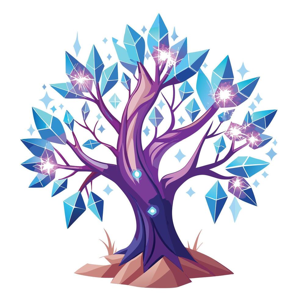 Crystal Tree with Purple Flowers and Green Leaves in a Garden Setting vector
