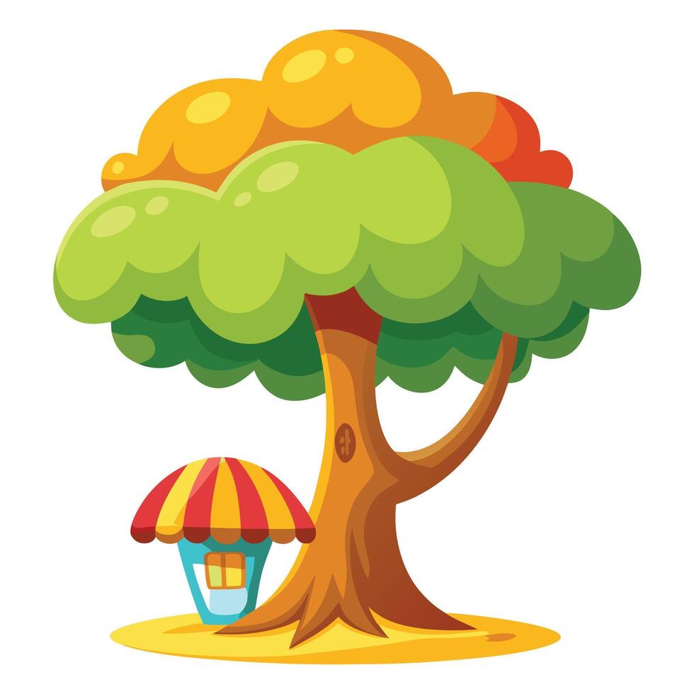 Cute Cartoon Tree with Purple Flowers and Green Leaves in a Garden Setting vector