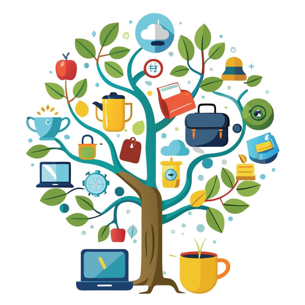 Vibrant Digital Nomad Tree with Brightly Colored Leaves and Trunk in a High-Tech Setting Isolated on a white Background vector