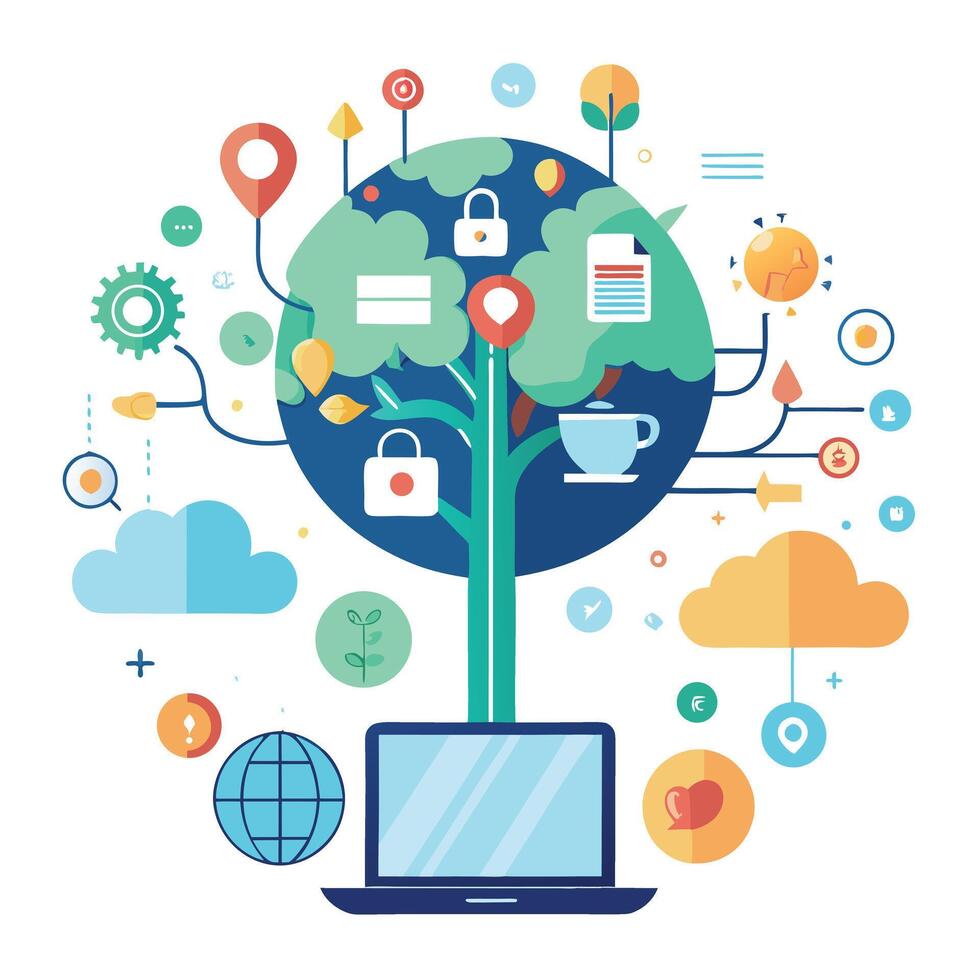 Vibrant Digital Nomad Tree with Brightly Colored Leaves and Trunk in a High-Tech Setting vector