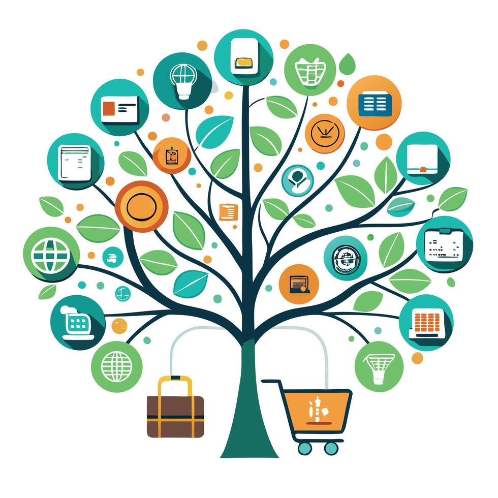 Botanical E-commerce Growth Tree with Green Leaves and Trunk in a Natural Setting Isolated on a white Background vector