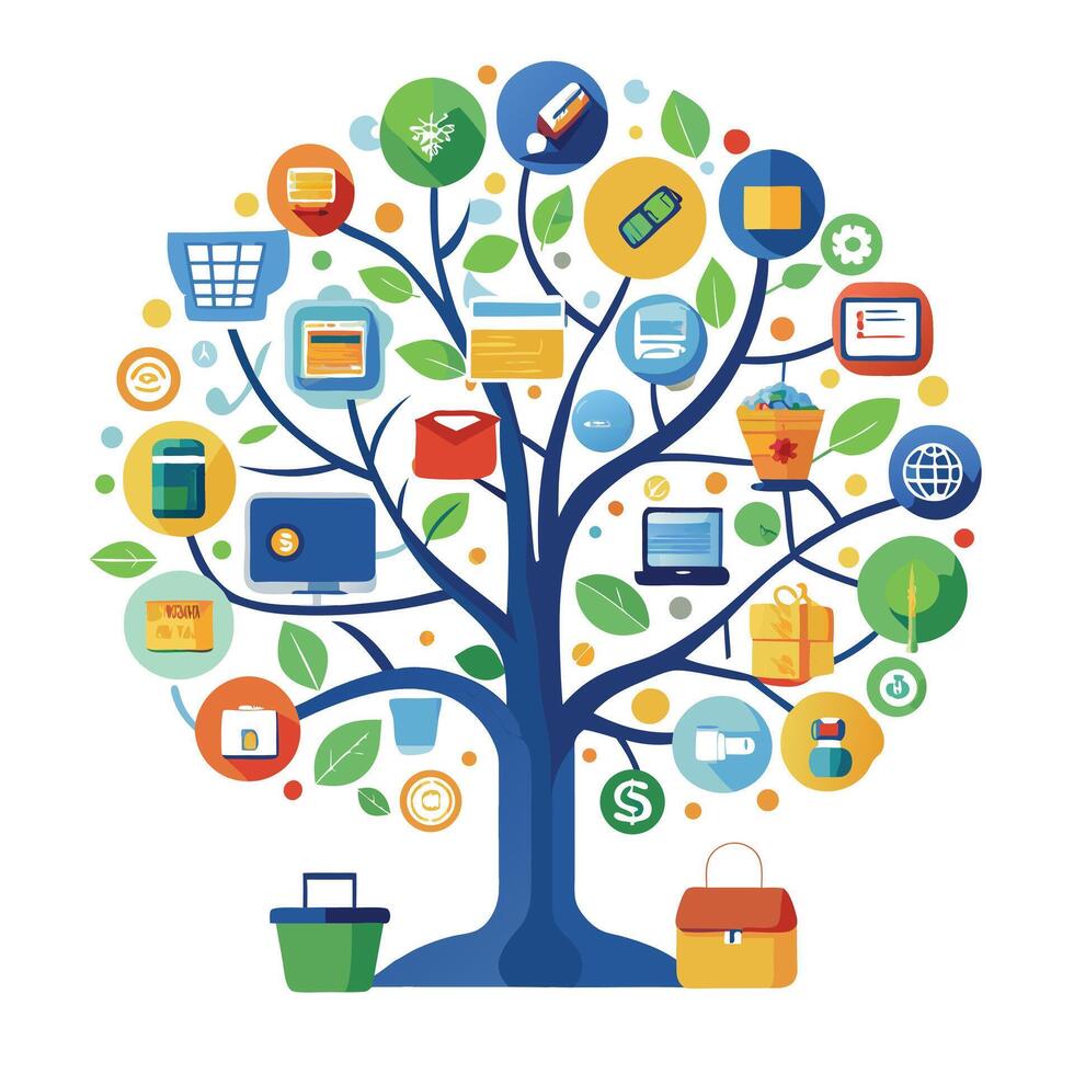 Vibrant E-commerce Growth Tree with Brightly Colored Leaves and Trunk in a High-Tech Setting vector