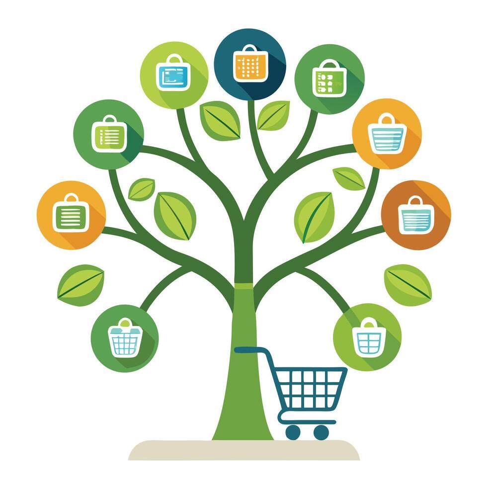 Intricate E-commerce Growth Tree with Delicate Leaves and Trunk in a Fantasy Setting Isolated on a white Background vector
