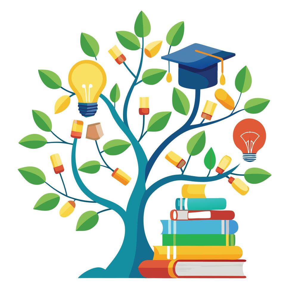 Vibrant E-learning Knowledge Tree with Brightly Colored Leaves and Trunk in a High-Tech Setting vector