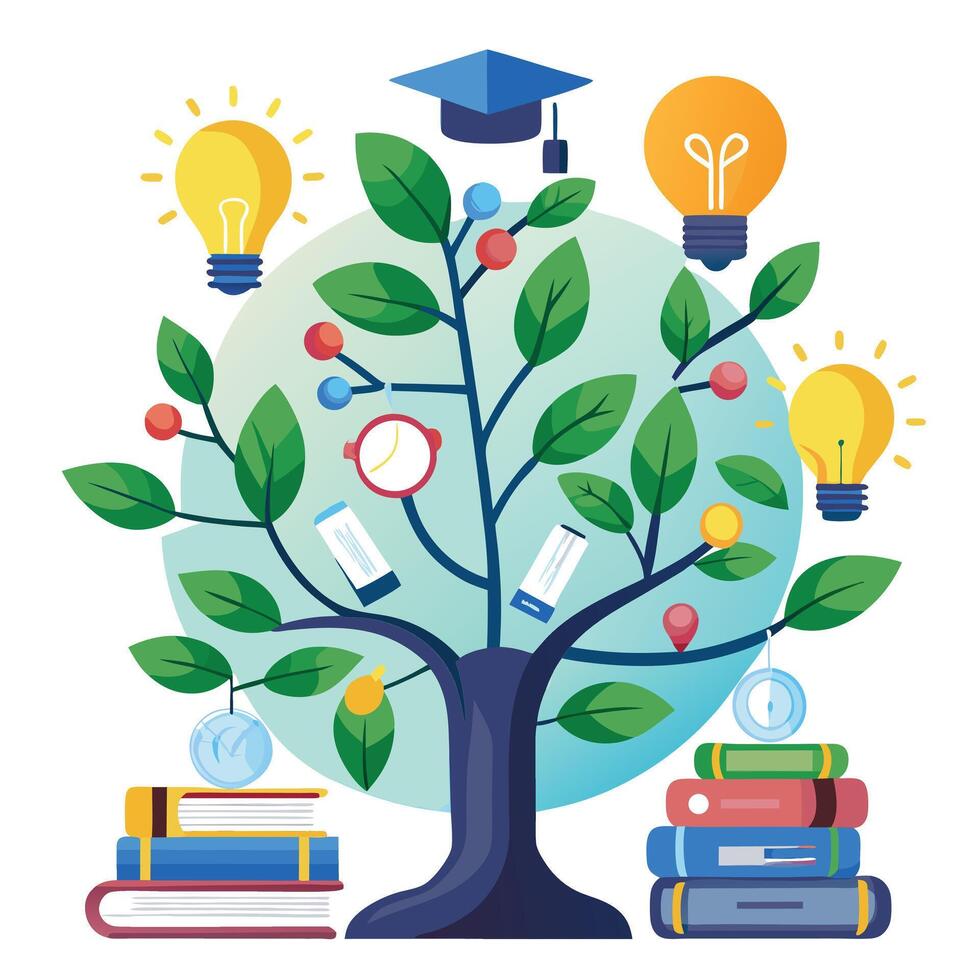 Botanical E-learning Knowledge Tree with Green Leaves and Trunk in a Natural Setting vector
