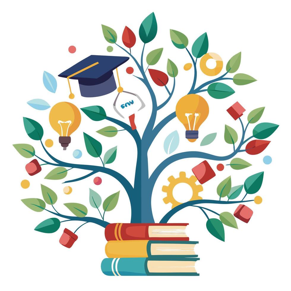 Intricate E-learning Knowledge Tree with Delicate Leaves and Trunk in a Fantasy Setting vector
