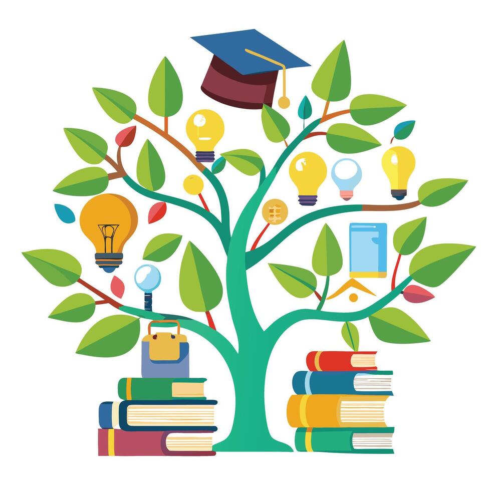 E-learning Knowledge Tree with Modern Leaves and Trunk in a Futuristic Setting vector