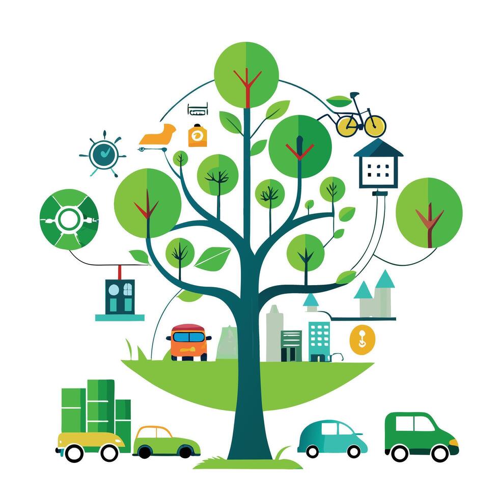 Eco-Friendly Transportation Tree with Modern Leaves and Trunk in a Futuristic Setting vector