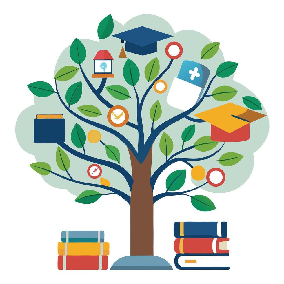 Vibrant Education Innovation Tree with Brightly Colored Leaves and Trunk in a High-Tech Setting vector