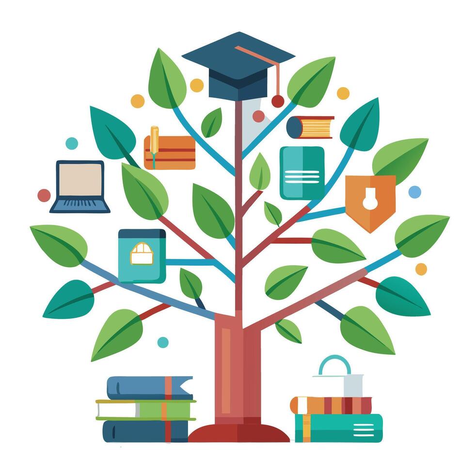 Education Innovation Tree with Modern Leaves and Trunk in a Futuristic Setting vector