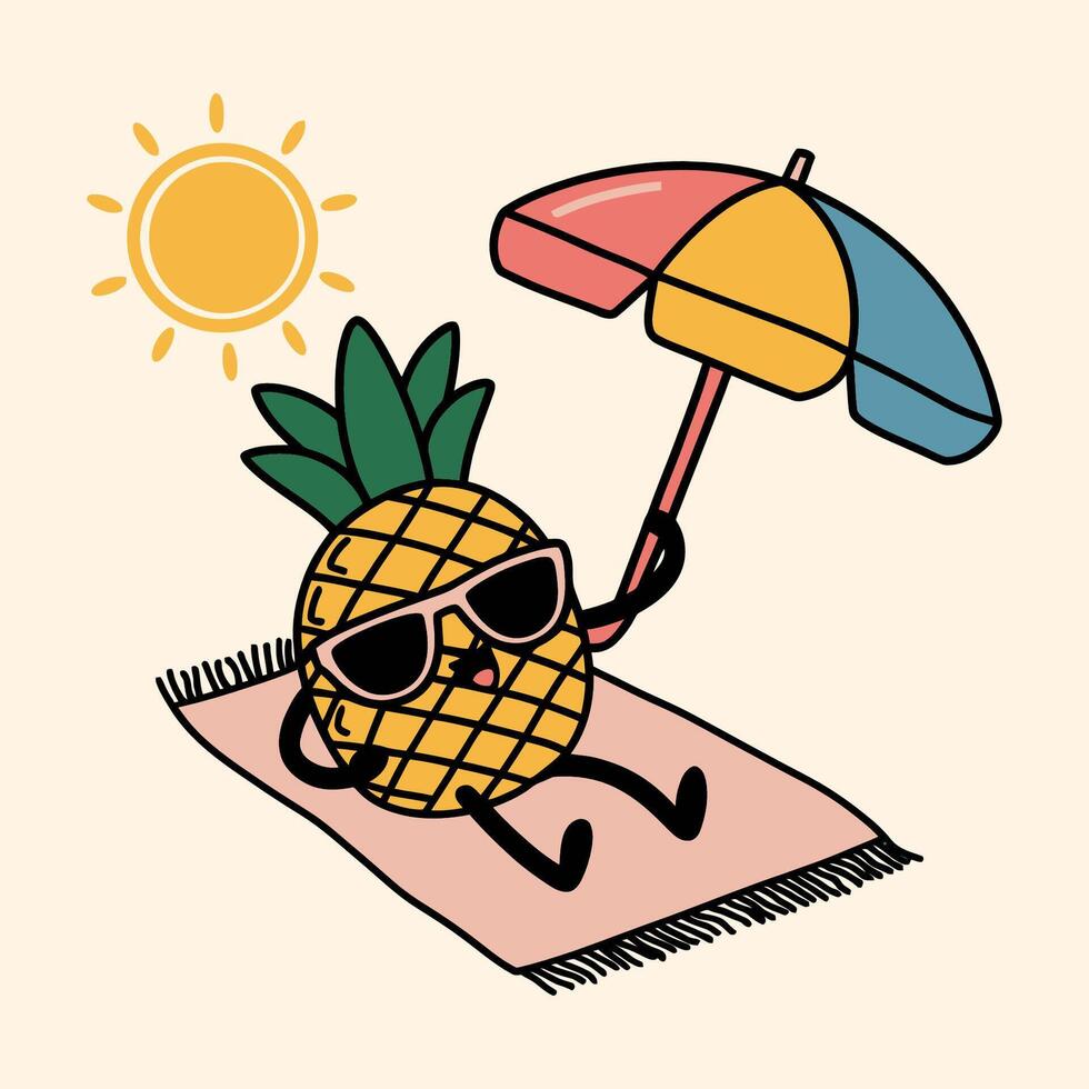 Cute Pineapple Character Relaxing Under Umbrella on Beach vector