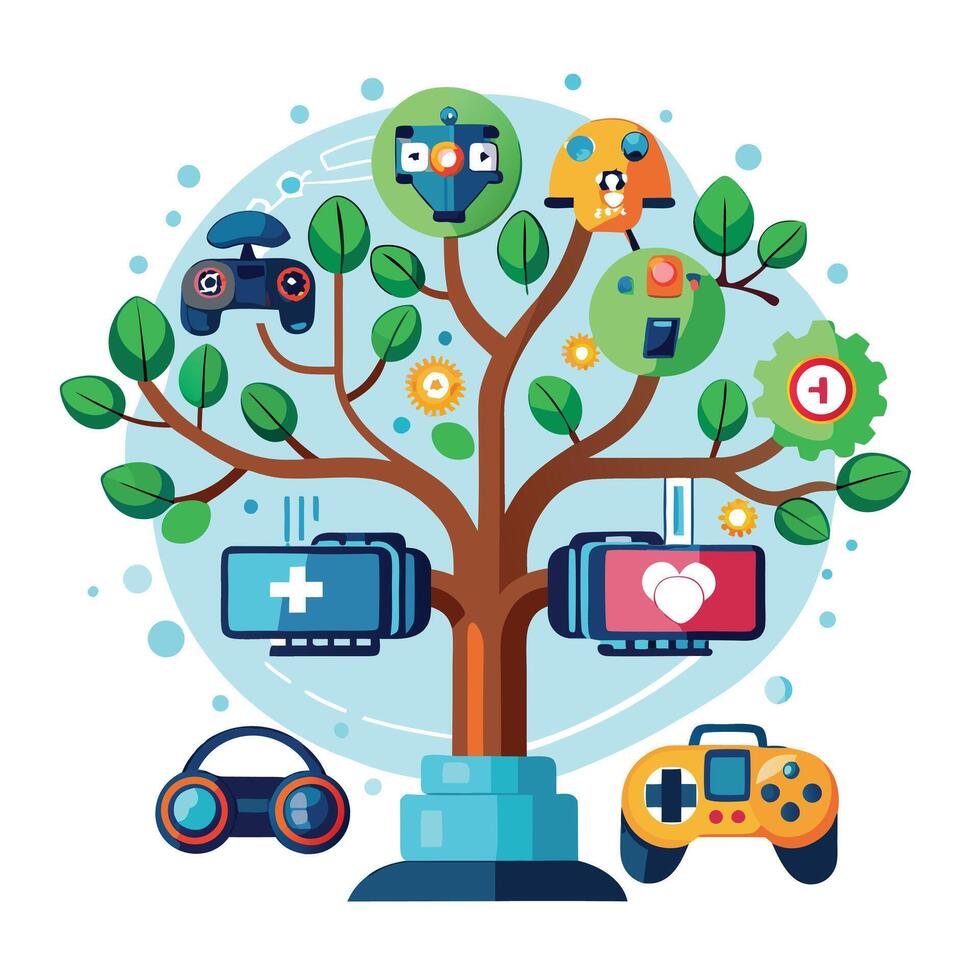 Beautiful Esports Gaming Tree with Gaming Elements and Green Leaves vector