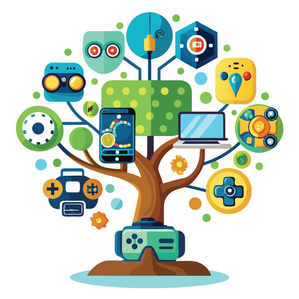 Esports Gaming Tree with Purple Flowers and Green Leaves in a Garden Setting vector