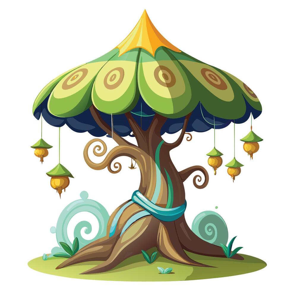Detailed Illustration of a Fantasy Enchanted Tree with White Petals and Long Stems vector
