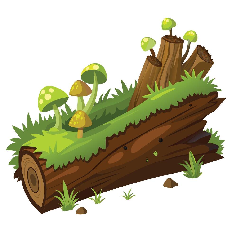 Beautiful Fallen Tree with Mushrooms with Whimsical Mushrooms and Green Leaves vector
