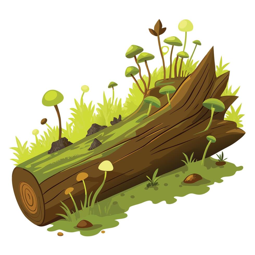 Fallen Tree with Mushrooms with Pink Flowers and Green Leaves in a Garden Setting vector