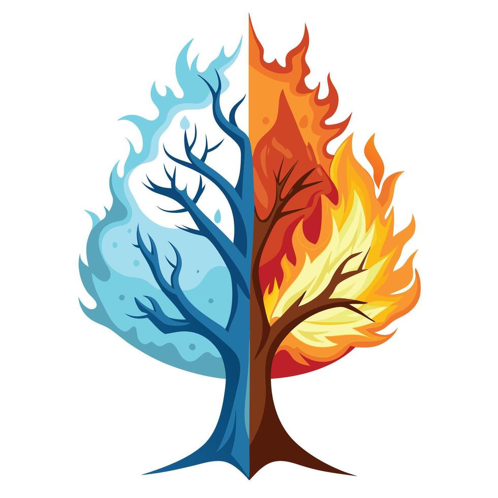 Fire and Ice Tree with Purple Flowers and Green Leaves in a Garden Setting vector