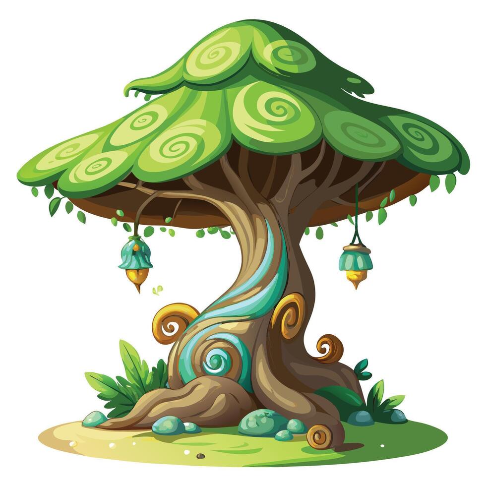 Fantasy Enchanted Tree with Pink Flowers and Green Leaves in a Garden Setting vector