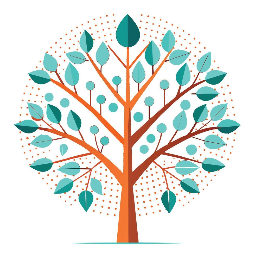 Beautiful Flat Abstract Tree with Dotted Branches and Green Leaves vector