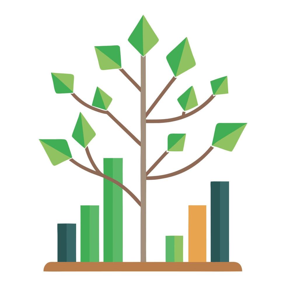 Flat Business Growth Tree Design with Purple Flowers and Green Leaves in a Garden Setting vector