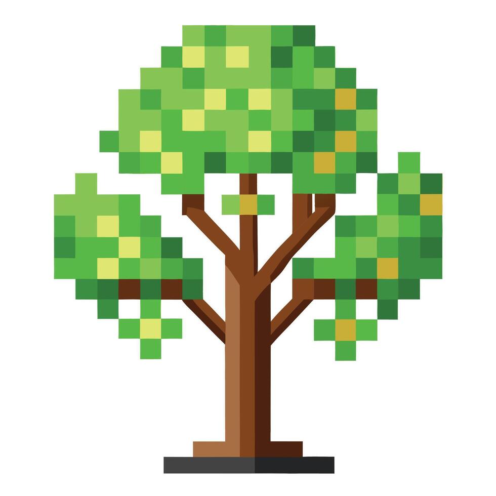 Flat Digital Tree with Pixels Design a Flat Style with Pink Flowers and Green Leaves in a Garden Setting vector