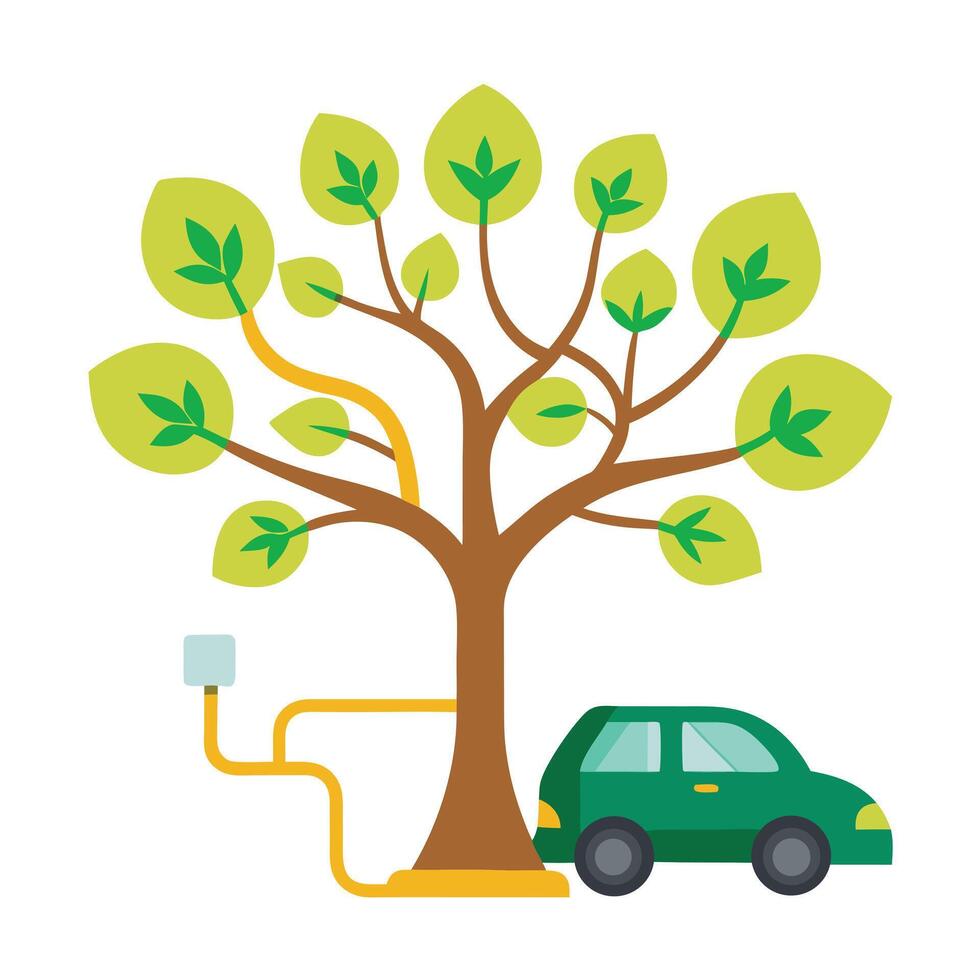 Flat Eco Tree with Electric Car Create a Flat Style with Purple Flowers and Green Leaves in a Garden Setting vector