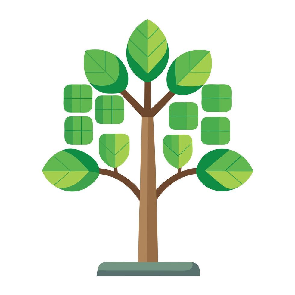 Flat Eco Tree with Solar Panels Generate a Flat Style with Pink Flowers and Green Leaves in a Garden Setting vector