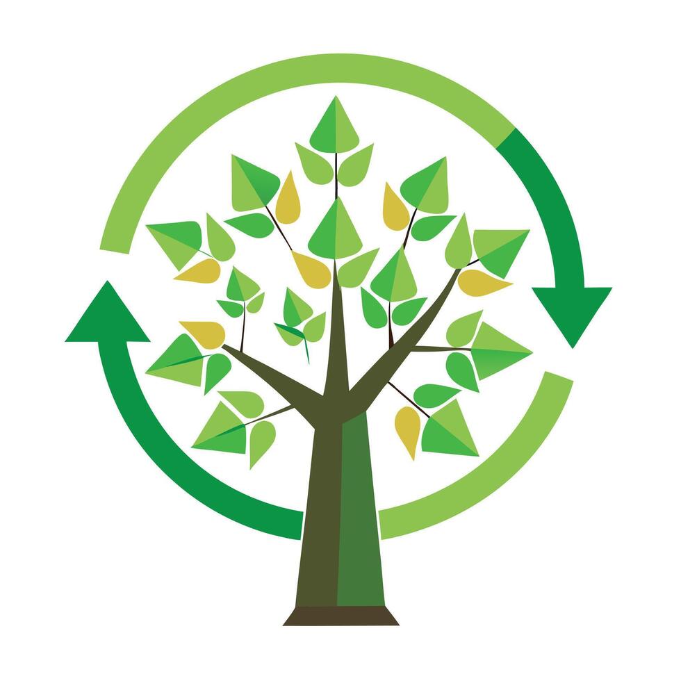 Vibrant Flat Sustainable Tree with Brightly Colored Leaves and Trunk in a High-Tech Setting vector