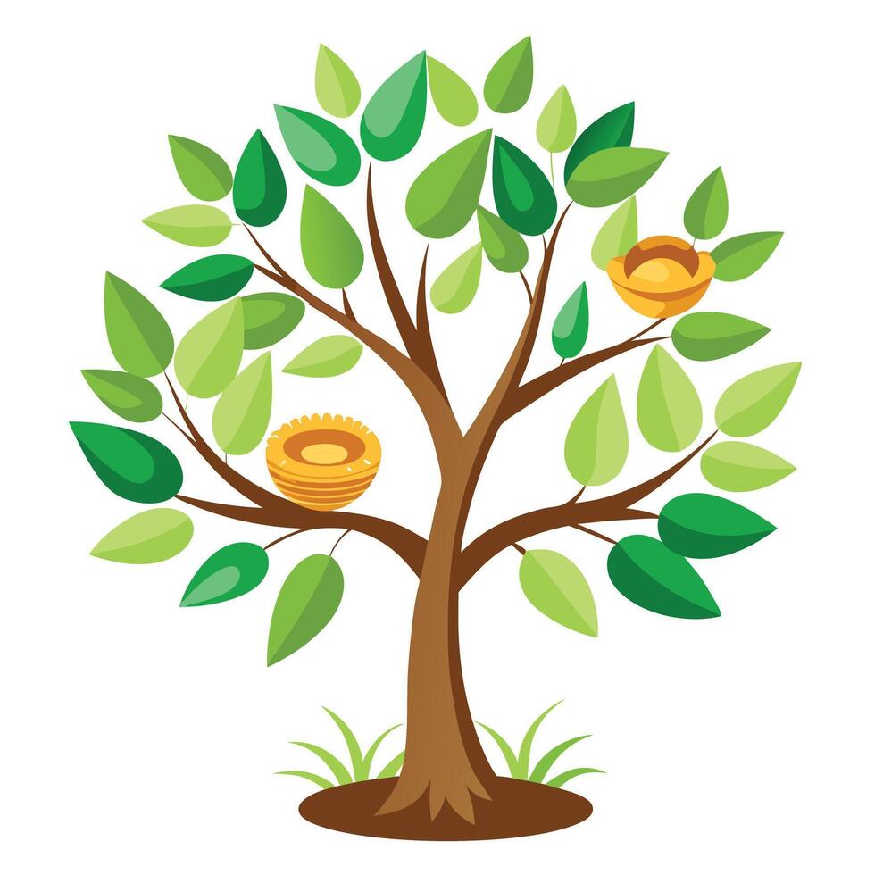 Botanical Flat Tree with Green Leaves and Trunk in a Natural Setting Isolated white Background vector