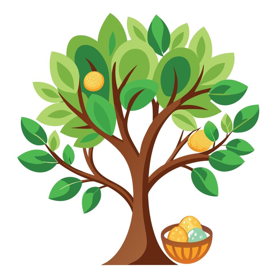 Intricate Flat Tree with Delicate Leaves and Trunk in a Fantasy Setting Isolated with white Background vector