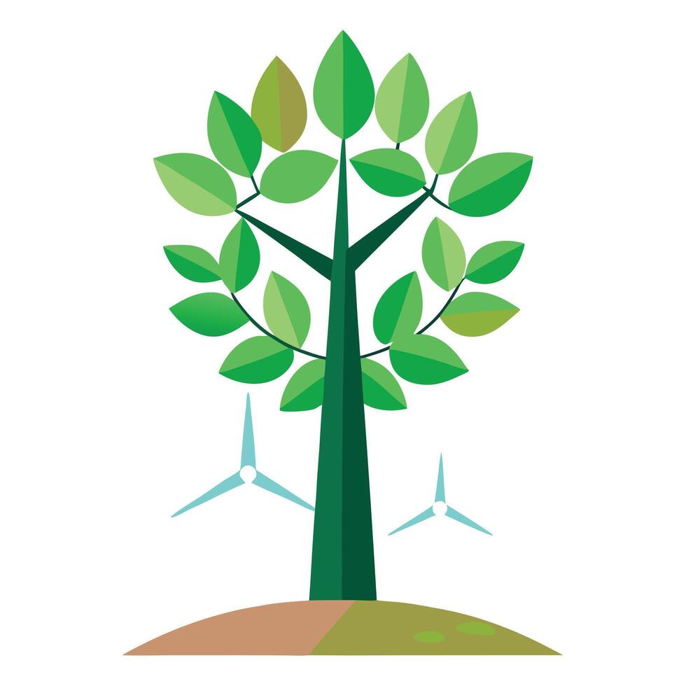 Vibrant Flat Tree with a Brightly Colored Wind Turbine Canopy in a High-Tech Setting vector