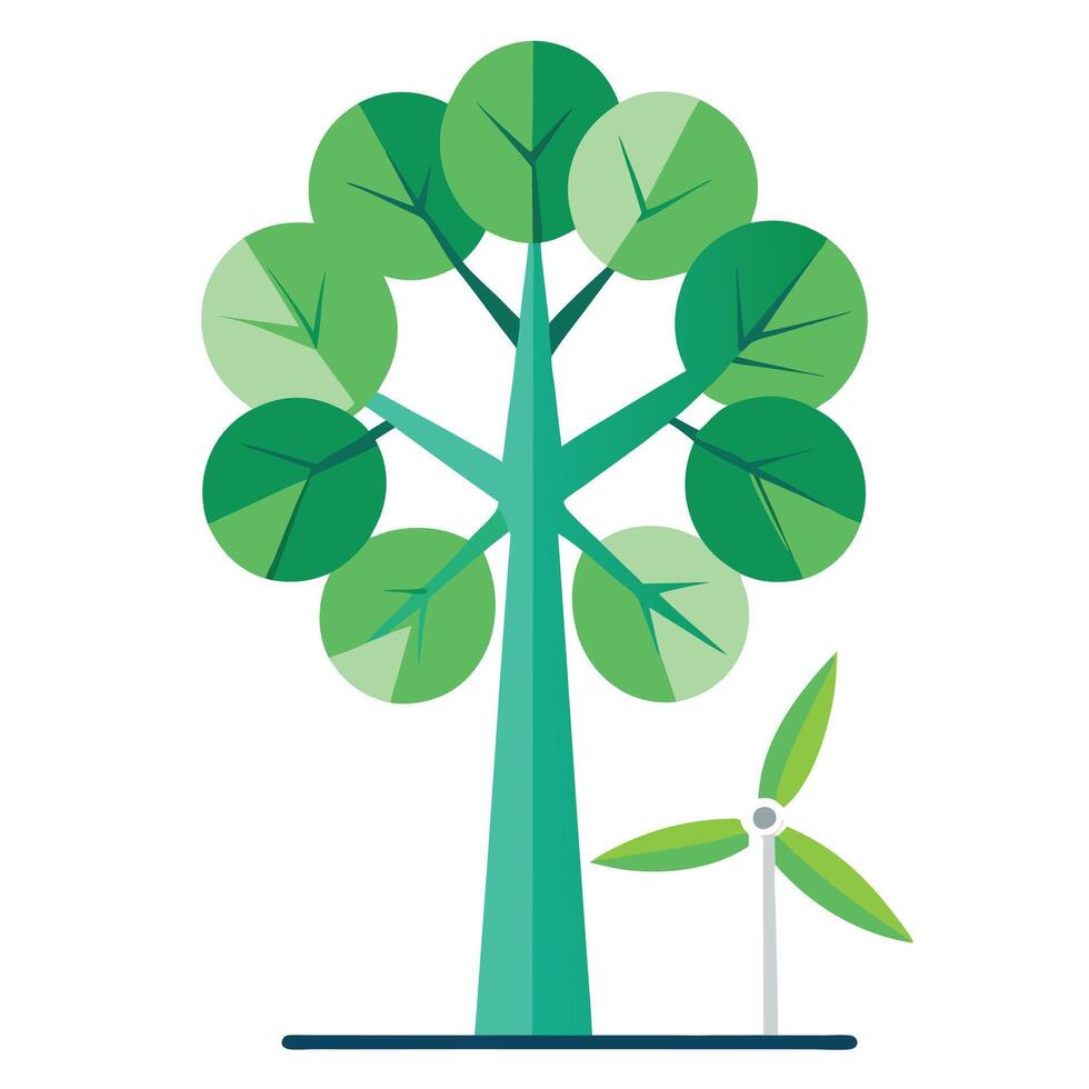 Botanical Flat Tree with a Green Wind Turbine Canopy in a Natural Setting vector