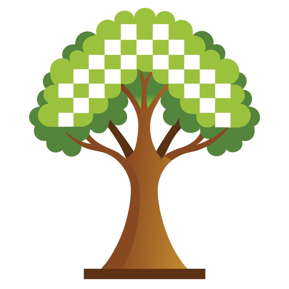 Botanical Flat Tree with a Green Chessboard Trunk in a Natural Setting vector