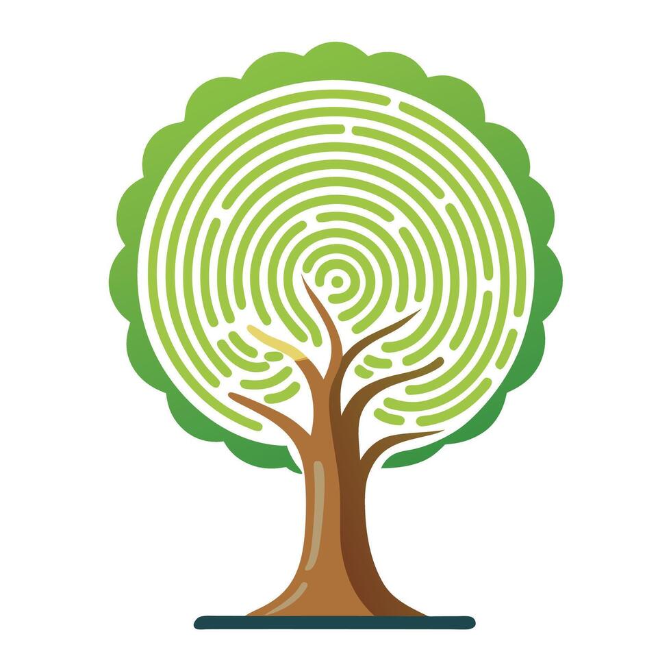Flat Tree with a Digital Fingerprint Trunk in a Whimsical Setting vector