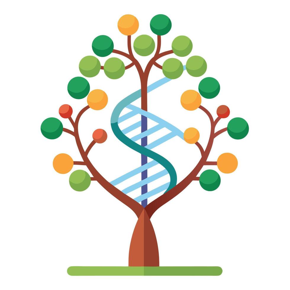 Vibrant Flat Tree with a Brightly Colored DNA Double Helix Trunk in a High-Tech Setting vector