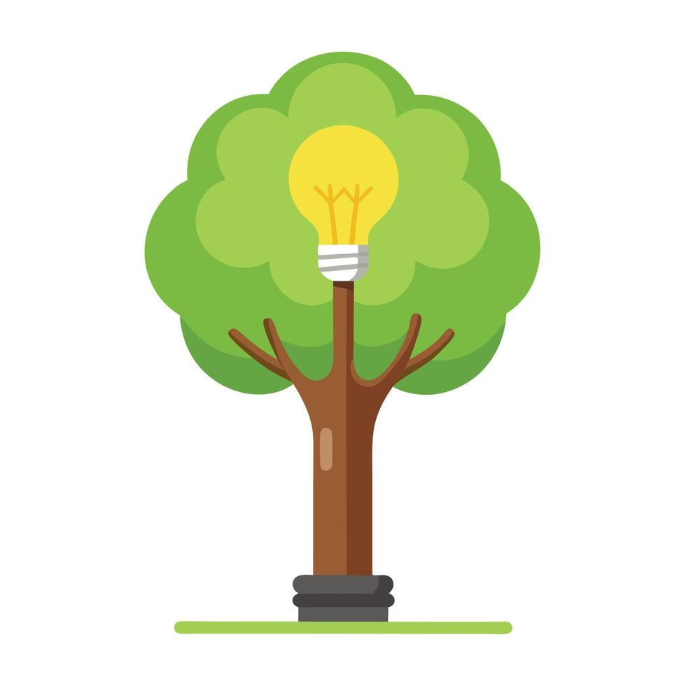 Detailed Illustration of a Flat Tree with a Lightbulb Trunk Generate a Flat Style and Green Leaves vector