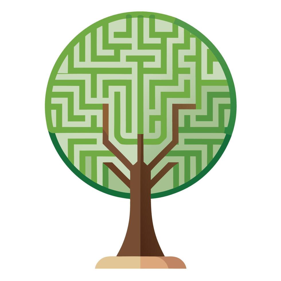 Detailed Illustration of a Flat Tree with a Maze Pattern Inside the Trunk Representing Puzzle and Mystery vector