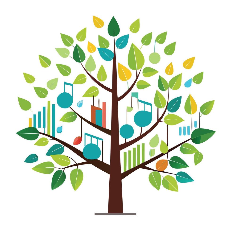 Flat Tree with a Music Equalizer Pattern as Canopy for a Musical and Harmonious Design with Pink Flowers and Green Leaves vector