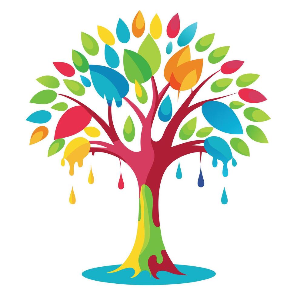 Flat Tree with a Paintbrush as the Trunk Representing Art and Creativity with Purple Flowers and Green Leaves vector